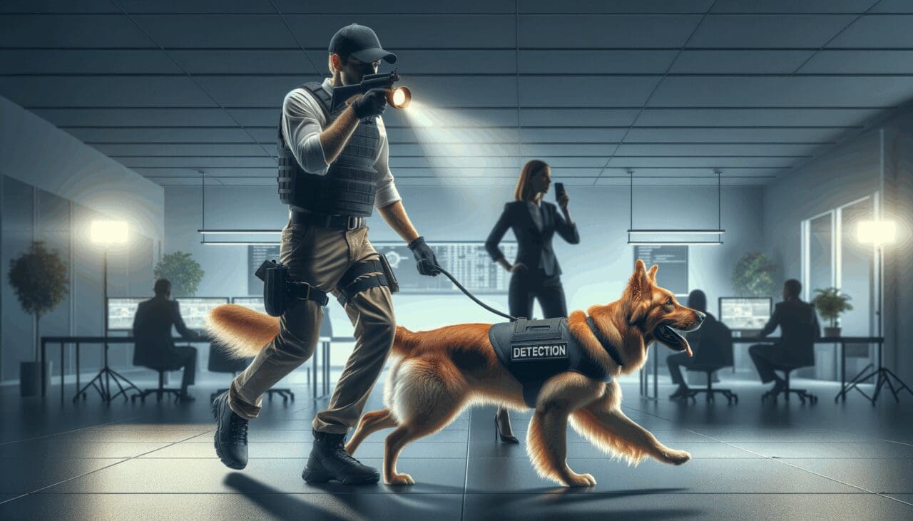 Perro entrenado en acción con chaleco detector junto a su entrenador en un entorno de entrenamiento moderno