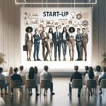 Emprendedores presentando su startup en un evento tecnológico con diseño moderno