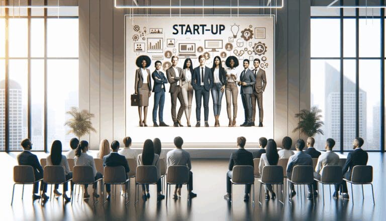 Emprendedores presentando su startup en un evento tecnológico con diseño moderno