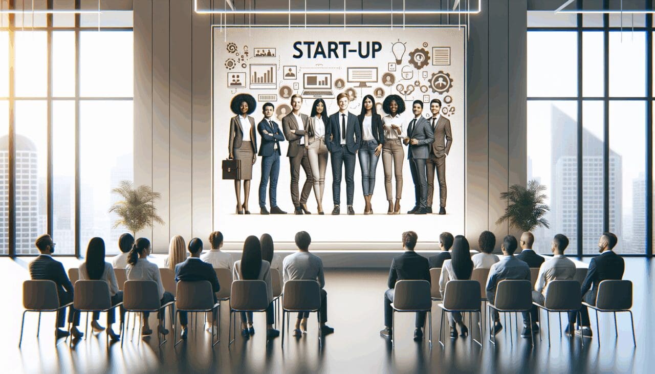 Emprendedores presentando su startup en un evento tecnológico con diseño moderno