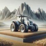 Tractor eléctrico moderno en medio de un campo agrícola con fondo montañoso