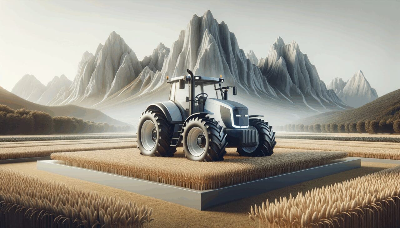 Tractor eléctrico moderno en medio de un campo agrícola con fondo montañoso