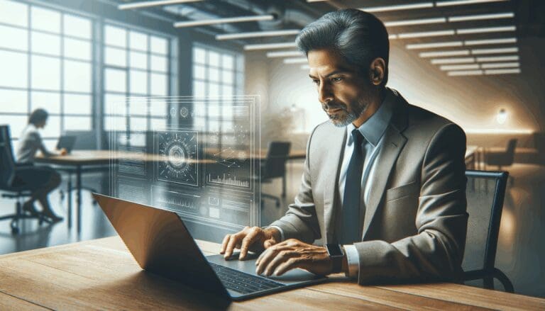 Persona usando una laptop en un entorno moderno de oficina, con interfaz tecnológica en pantalla