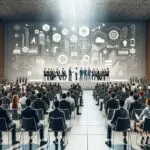 Auditorio moderno con emprendedores y uniformados intercambiando ideas en un evento de innovación tecnológica