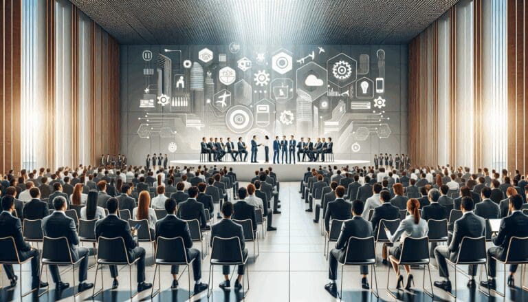 Auditorio moderno con emprendedores y uniformados intercambiando ideas en un evento de innovación tecnológica