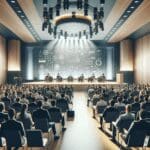 Auditorio moderno lleno de emprendedores y expertos tecnológicos durante un evento de startups