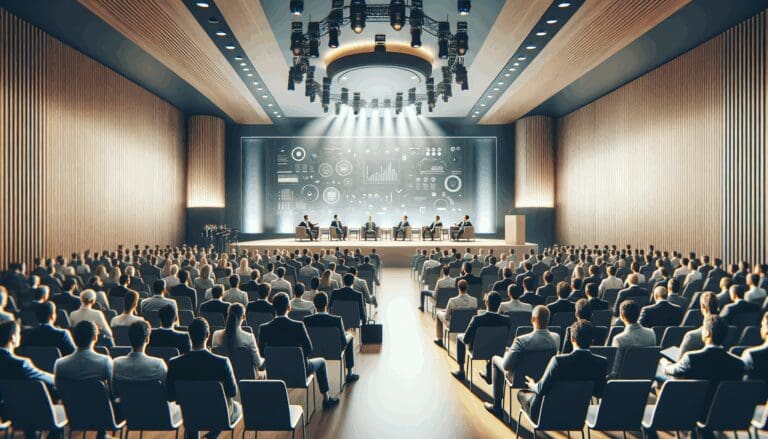 Auditorio moderno lleno de emprendedores y expertos tecnológicos durante un evento de startups