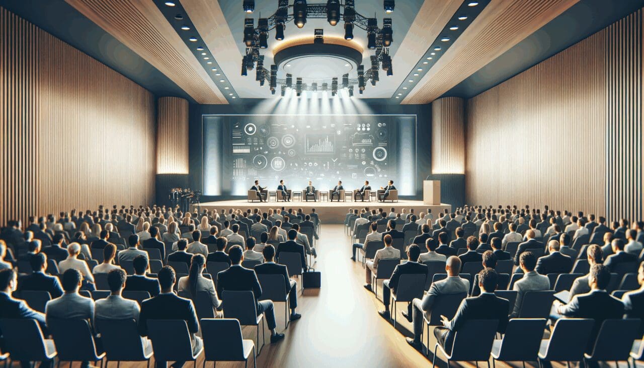 Auditorio moderno lleno de emprendedores y expertos tecnológicos durante un evento de startups