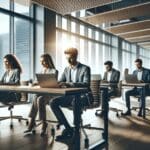 Oficinas modernas con emprendedores trabajando en sus laptops