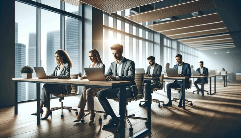 Oficinas modernas con emprendedores trabajando en sus laptops