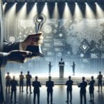 Primer plano de una startup tecnológica recibiendo un premio en un escenario con luces modernas