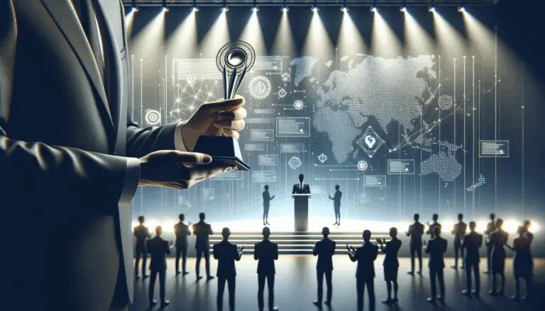 Primer plano de una startup tecnológica recibiendo un premio en un escenario con luces modernas