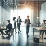 Oficinas modernas de una startup con emprendedores colaborando en un espacio luminoso