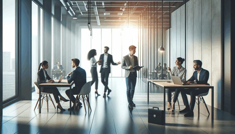 Oficinas modernas de una startup con emprendedores colaborando en un espacio luminoso