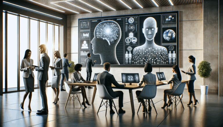 Oficina moderna con personas interactuando frente a pantallas con gráficos de inteligencia artificial