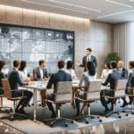 Grupo de profesionales discutiendo en una sala de reuniones moderna con pantallas digitales.