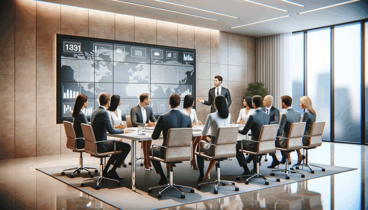 Grupo de profesionales discutiendo en una sala de reuniones moderna con pantallas digitales.