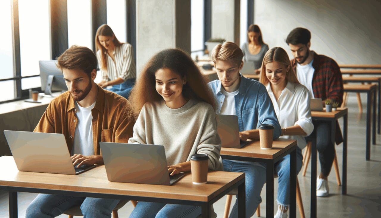Personas jóvenes trabajando en laptops dentro de un espacio de coworking moderno