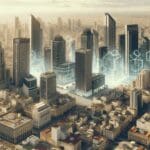 Vista aérea de edificios modernos en una ciudad latinoamericana con enfoque tecnológico