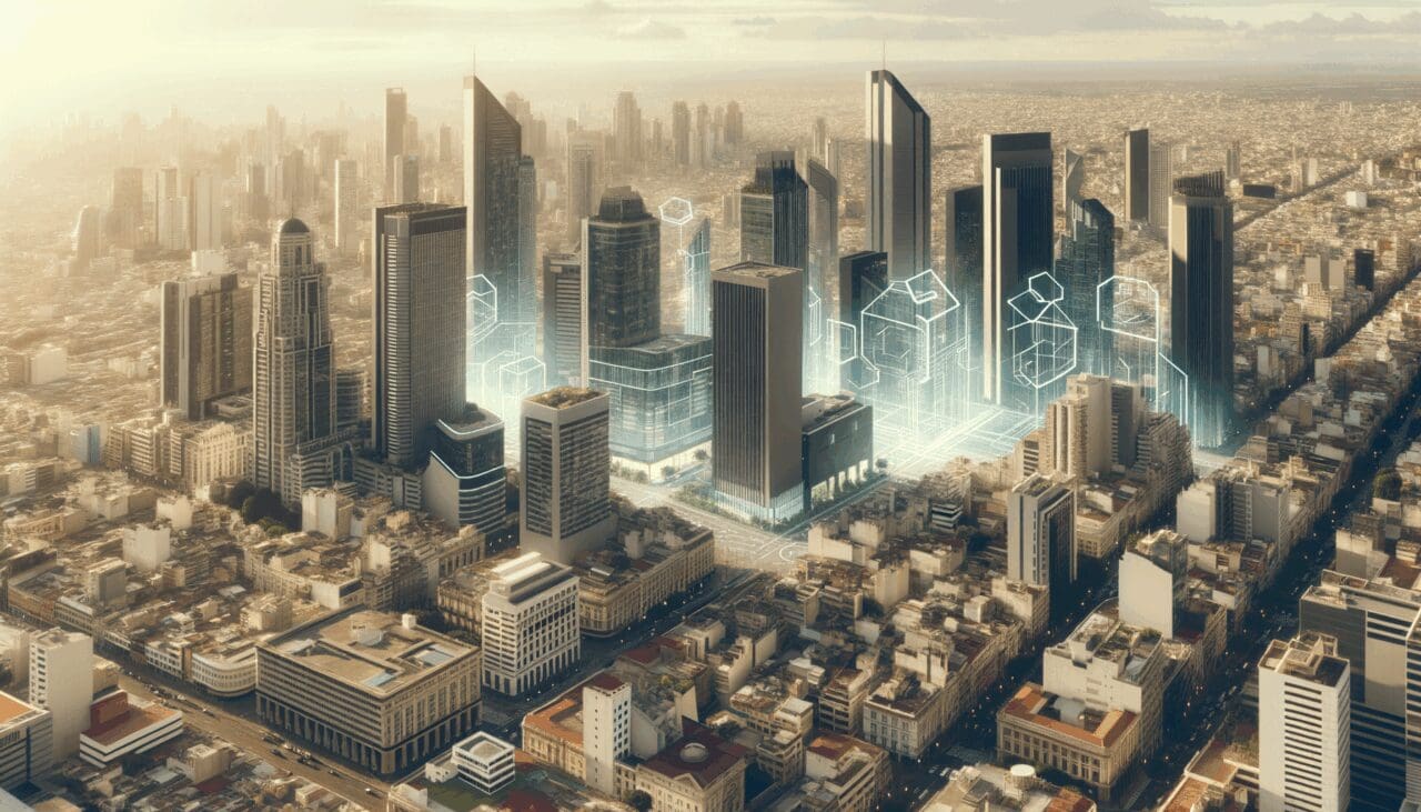 Vista aérea de edificios modernos en una ciudad latinoamericana con enfoque tecnológico