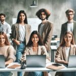 Jóvenes emprendedores trabajando en un coworking moderno con laptops y pizarras digitales