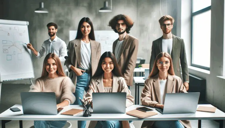 Jóvenes emprendedores trabajando en un coworking moderno con laptops y pizarras digitales