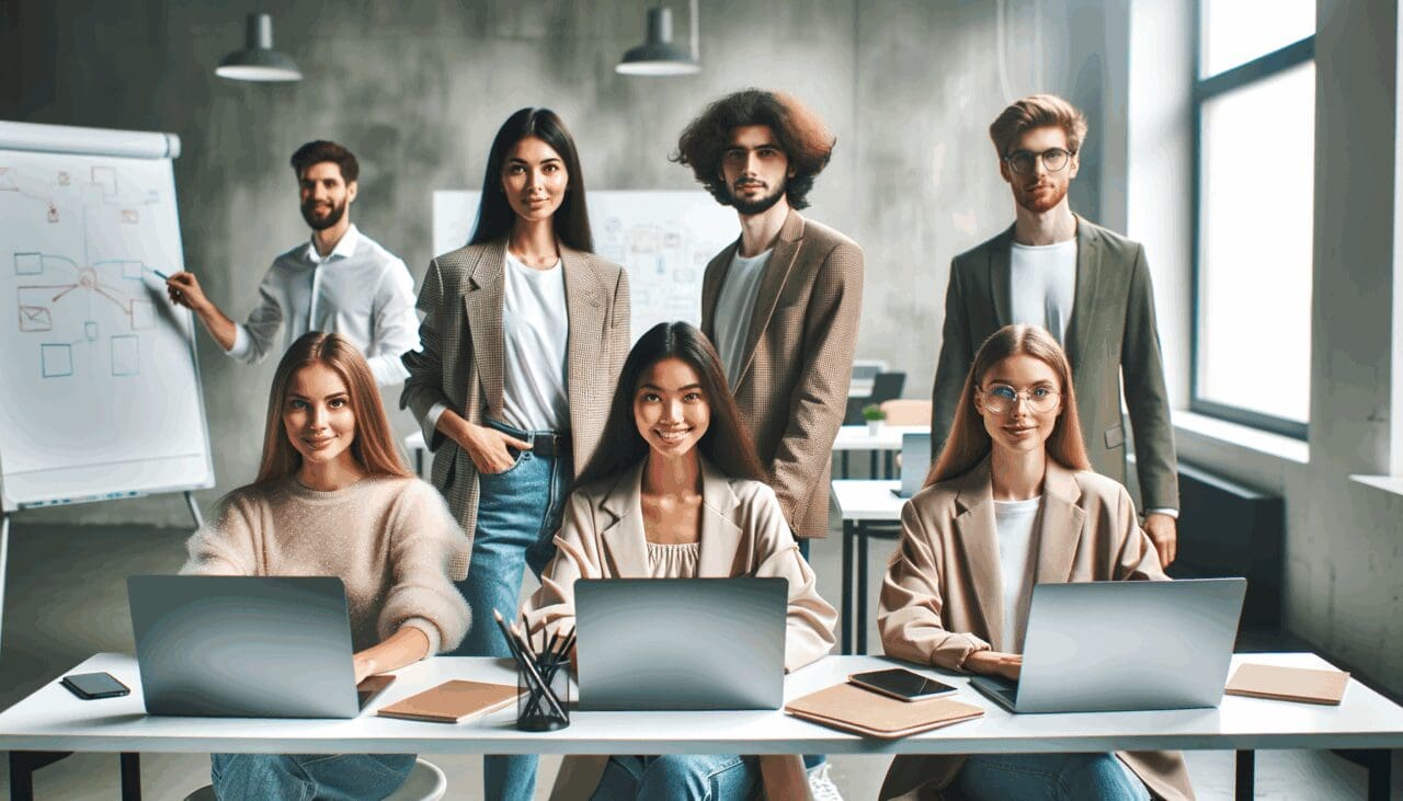 Jóvenes emprendedores trabajando en un coworking moderno con laptops y pizarras digitales