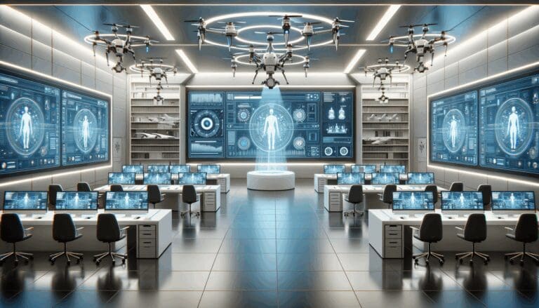 Sala tecnológica con drones autónomos y pantallas de inteligencia artificial en operación