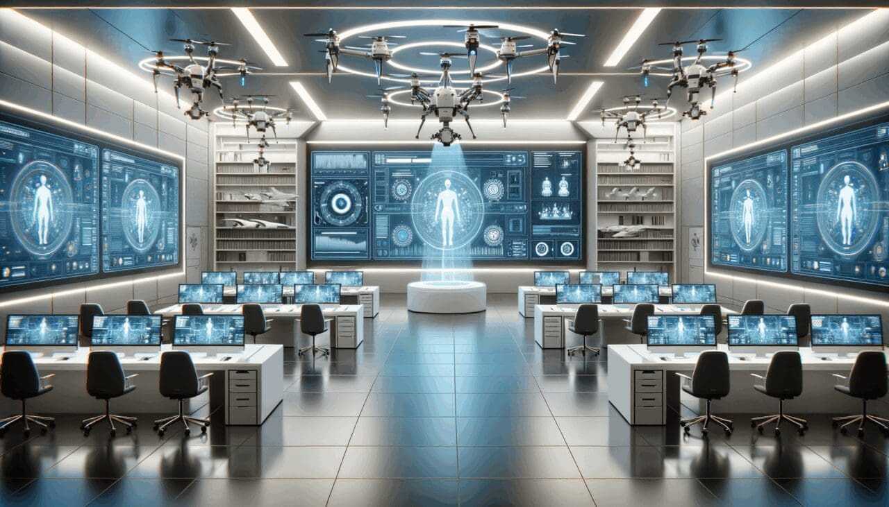 Sala tecnológica con drones autónomos y pantallas de inteligencia artificial en operación