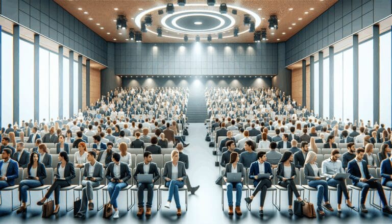 Auditorio moderno lleno de emprendedores durante un evento de startups