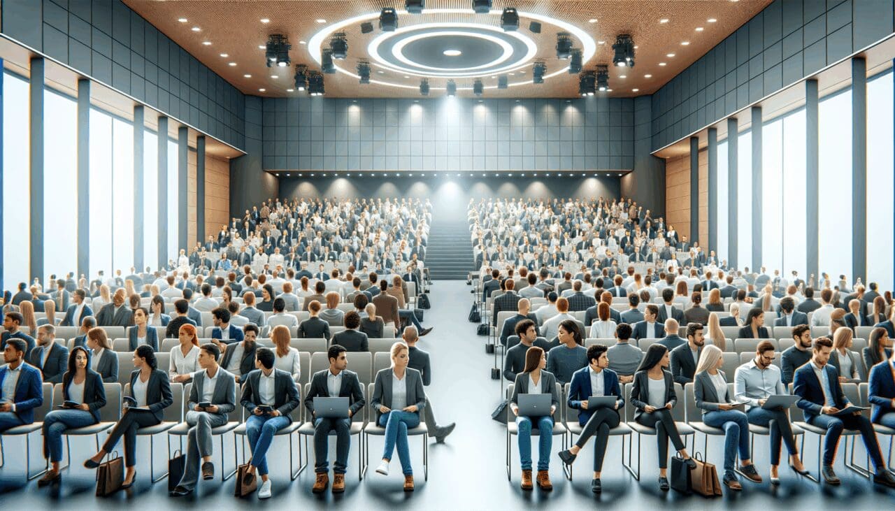 Auditorio moderno lleno de emprendedores durante un evento de startups