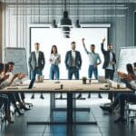 Equipo de emprendedores en una sala de reuniones moderna con pizarras y laptops