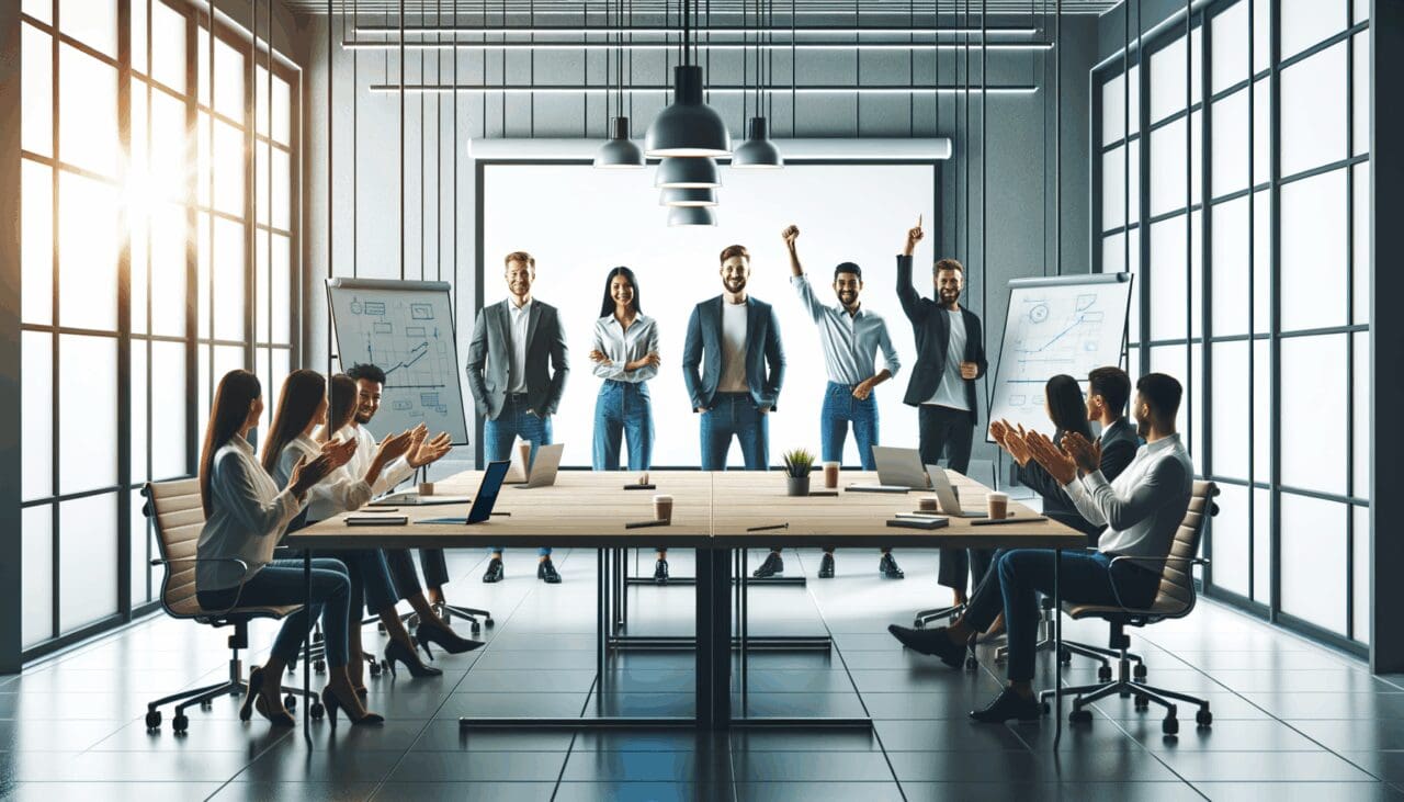 Equipo de emprendedores en una sala de reuniones moderna con pizarras y laptops