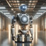 Robot avanzado con luces LED en un entorno industrial moderno