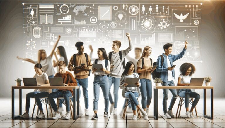 Estudiantes universitarios interactuando con plataformas tecnológicas en un entorno colaborativo.