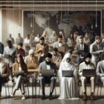 Emprendedores reunidos en un coworking moderno con laptops y pizarras digitales