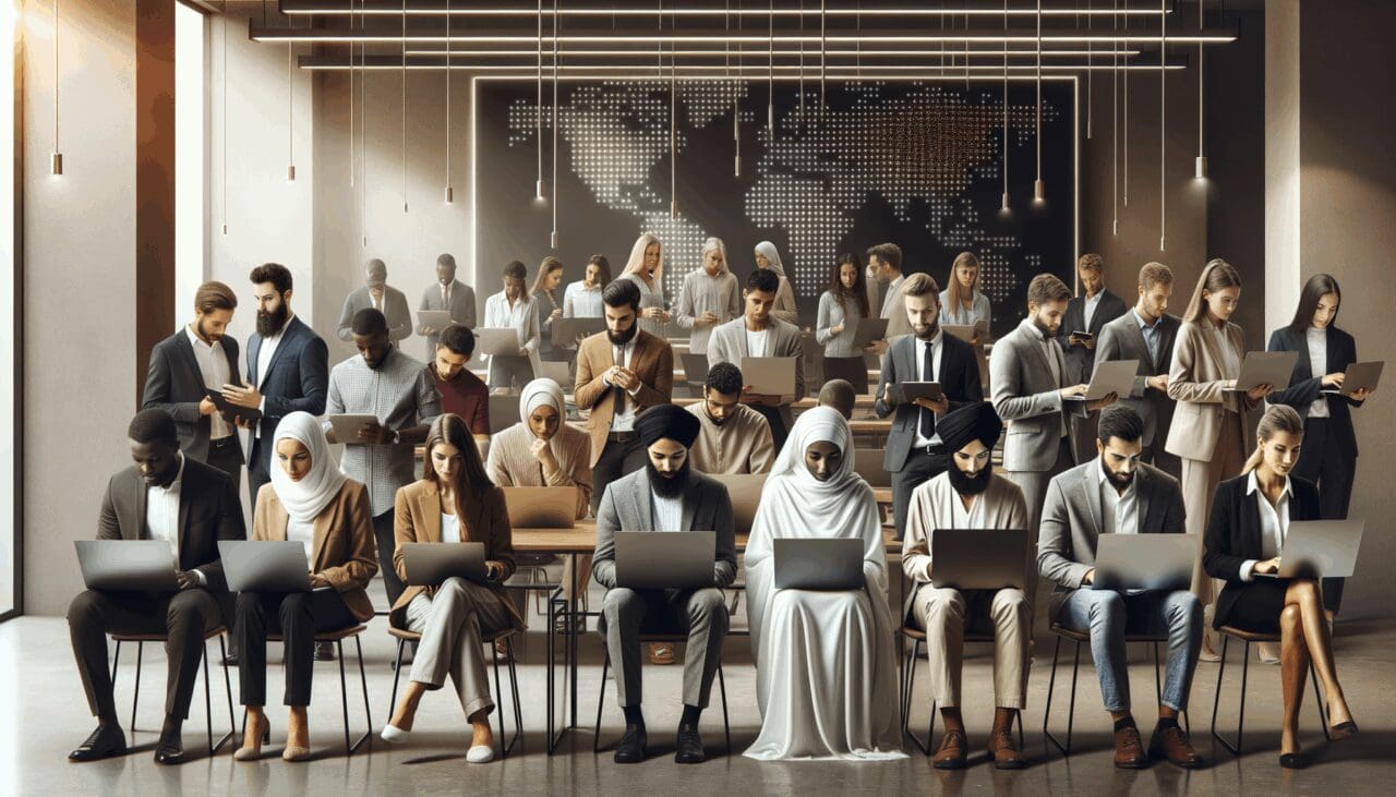 Emprendedores reunidos en un coworking moderno con laptops y pizarras digitales