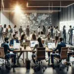 Equipo de emprendedores trabajando en una sala de innovación moderna con pizarras digitales