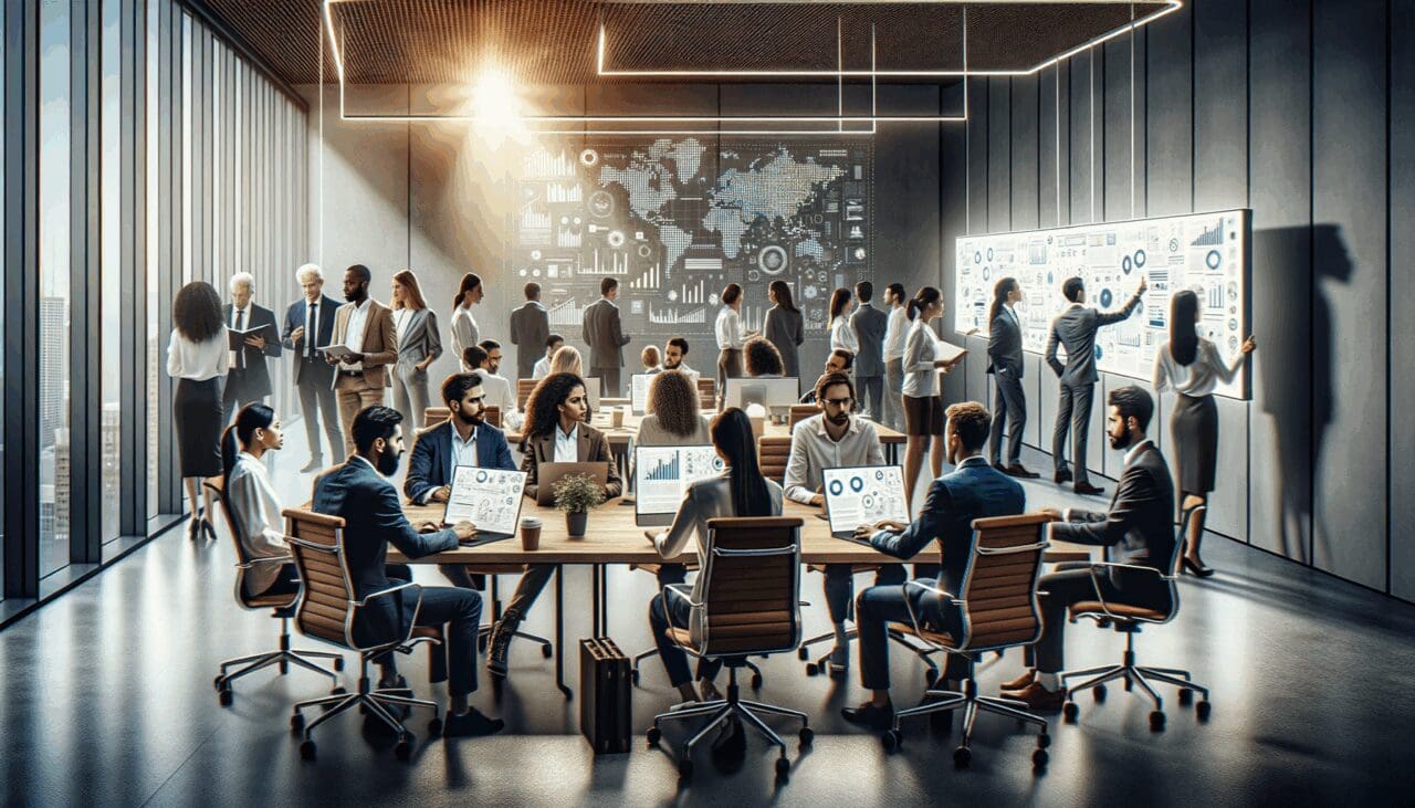 Equipo de emprendedores trabajando en una sala de innovación moderna con pizarras digitales