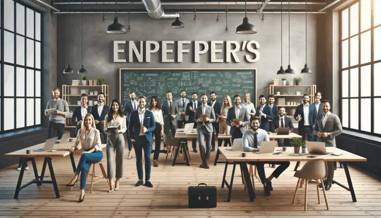 Emprendedores reunidos en un espacio de coworking moderno con pizarras y laptops abiertas