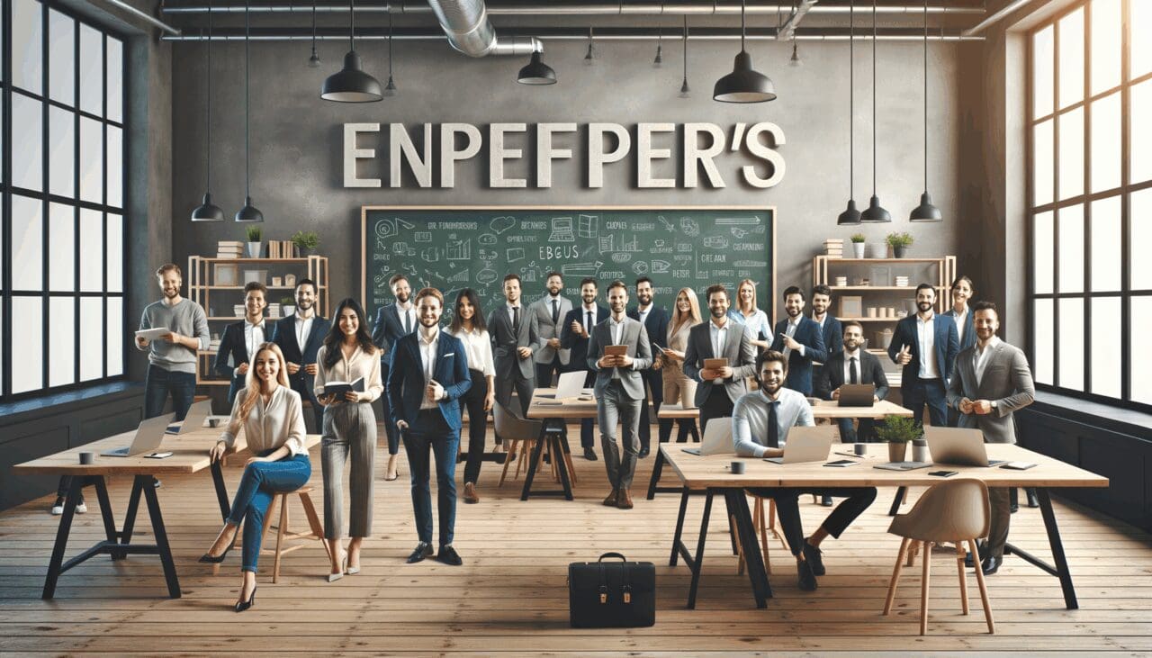 Emprendedores reunidos en un espacio de coworking moderno con pizarras y laptops abiertas