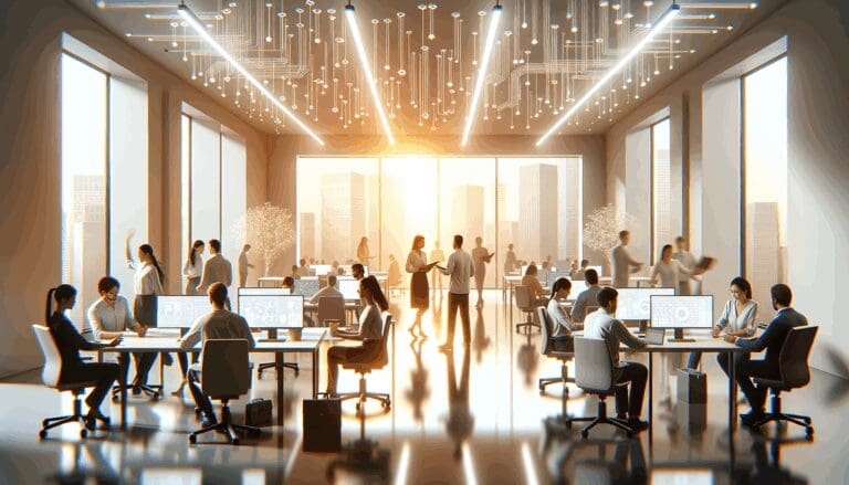 Oficinas luminosas con desarrolladores trabajando en inteligencia artificial