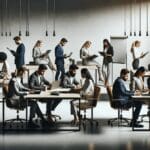 Grupo de emprendedores trabajando en una oficina moderna con laptops y pizarras