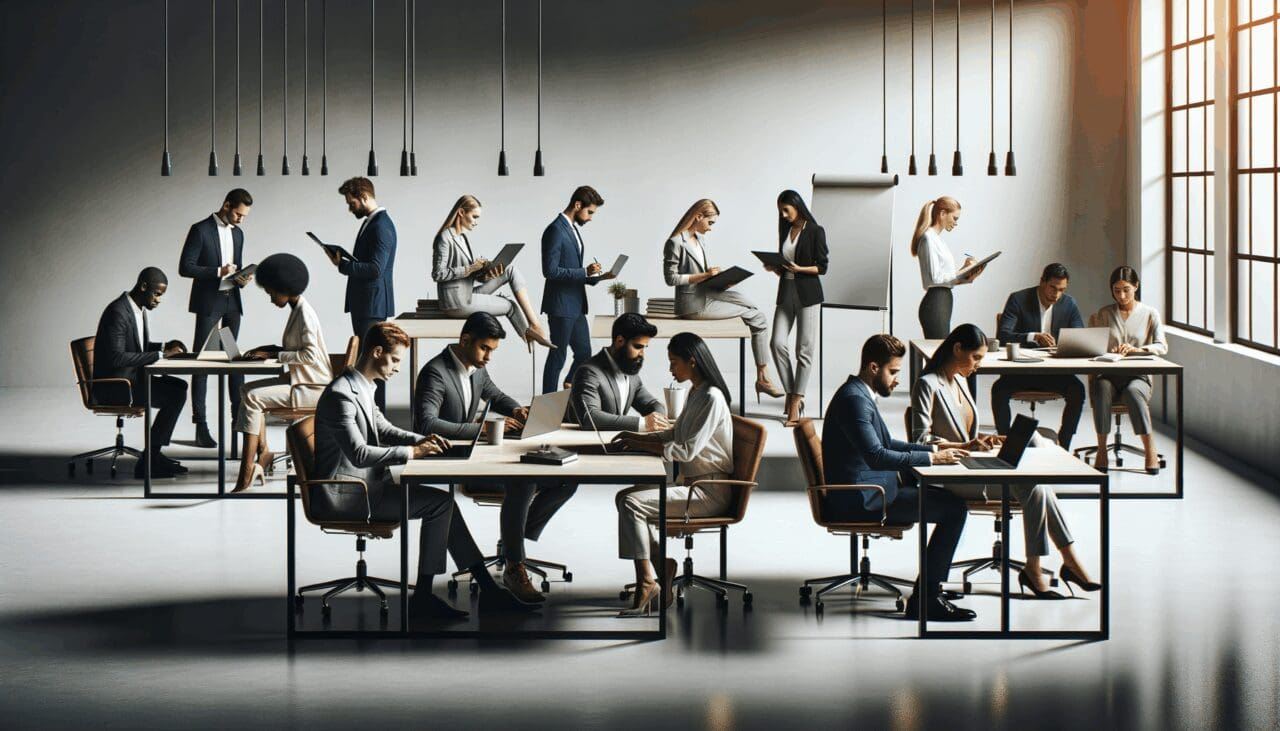 Grupo de emprendedores trabajando en una oficina moderna con laptops y pizarras