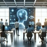 Equipo de desarrolladores en una sala tecnológica con pantallas mostrando datos de inteligencia artificial