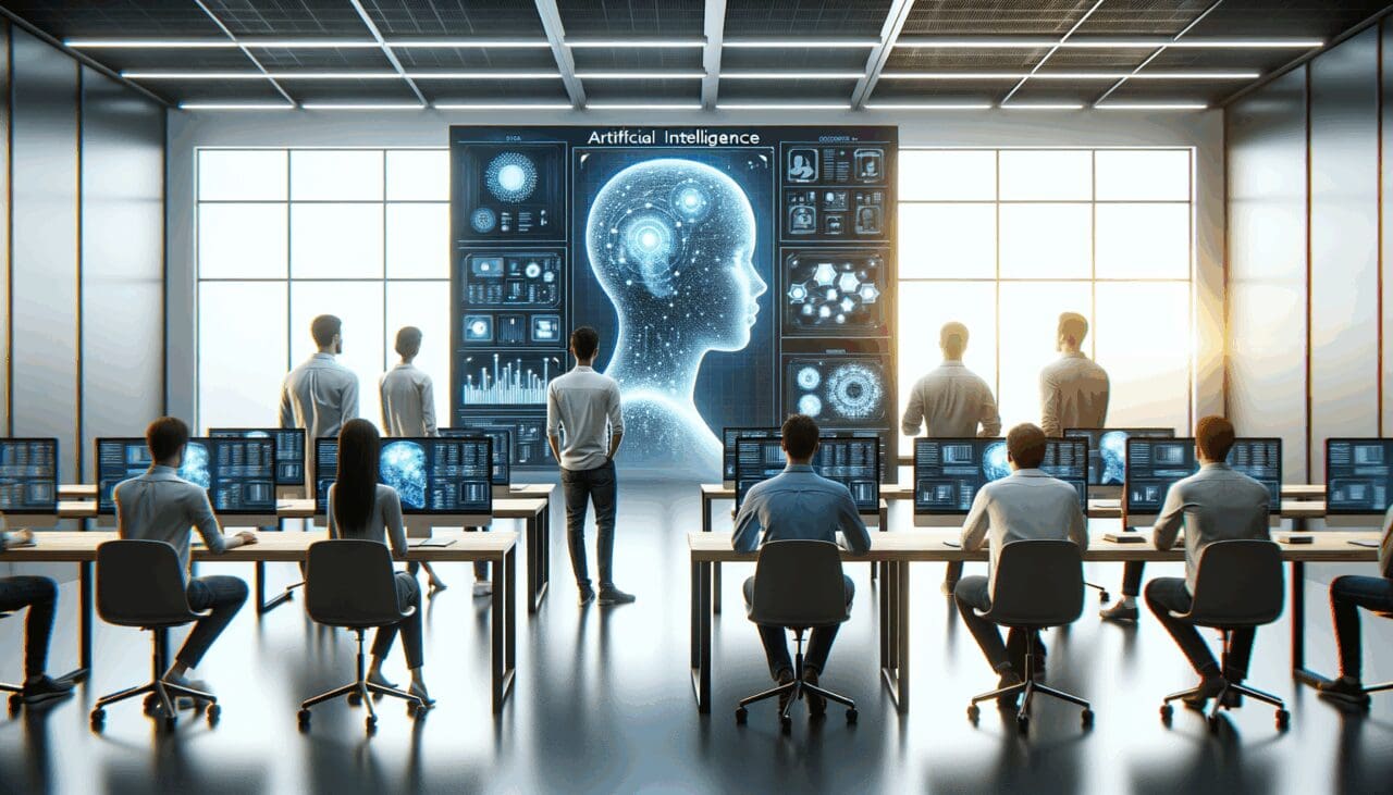 Equipo de desarrolladores en una sala tecnológica con pantallas mostrando datos de inteligencia artificial