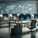 Oficina tecnológica moderna con escritorios vacíos y computadores encendidos