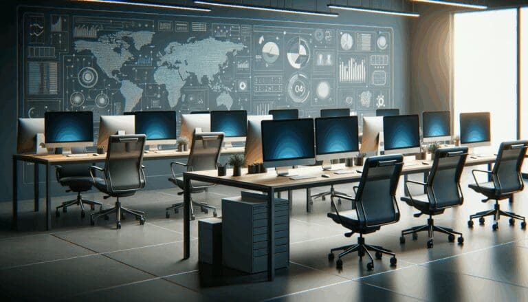 Oficina tecnológica moderna con escritorios vacíos y computadores encendidos