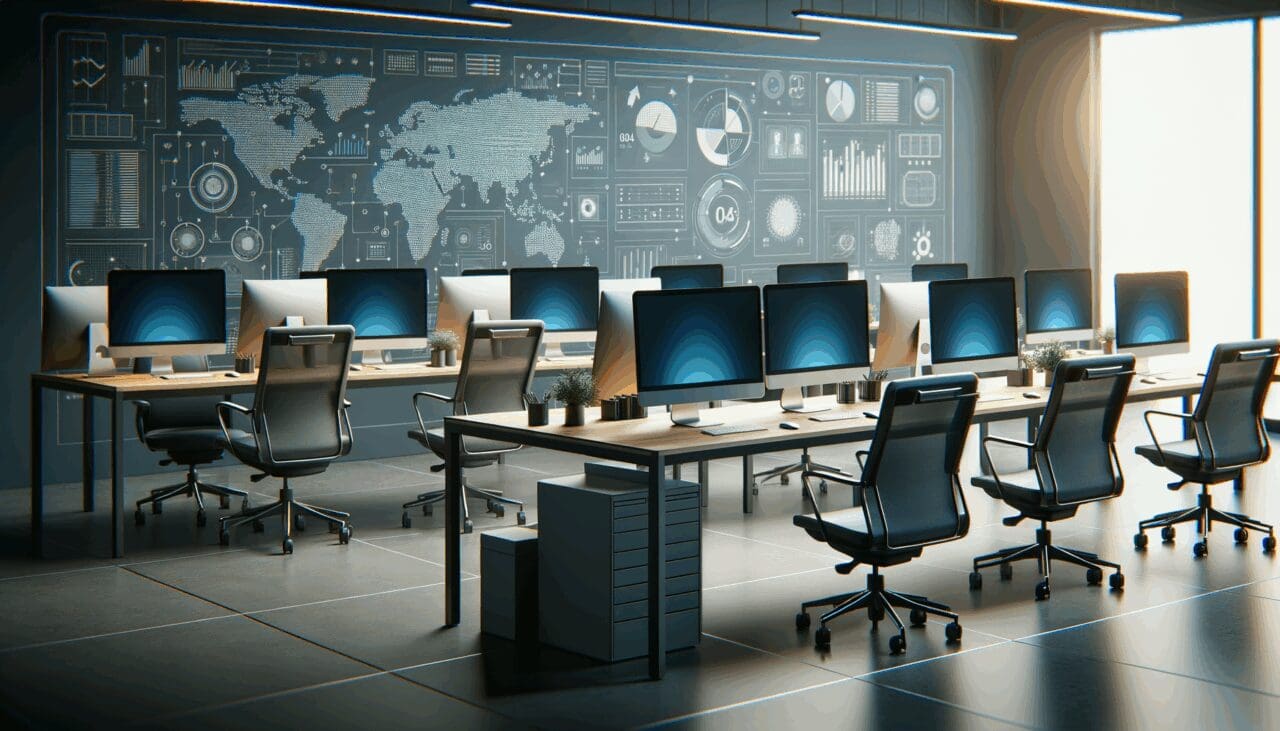 Oficina tecnológica moderna con escritorios vacíos y computadores encendidos