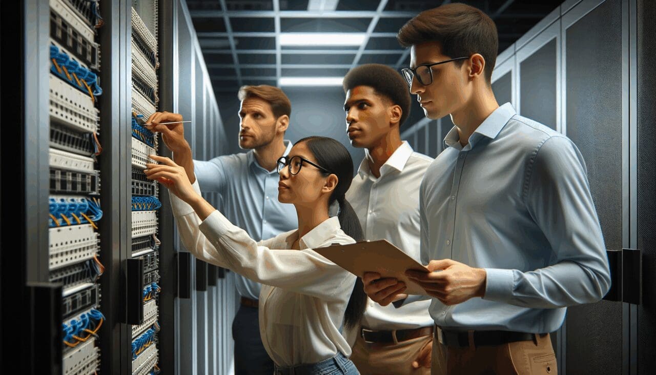 Equipo de ingenieros revisando paneles eléctricos en una sala de servidores moderna